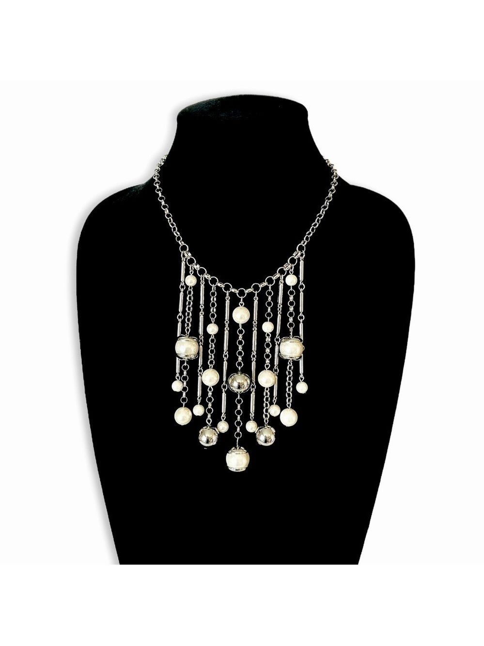 CHICOS Silver & Pearls Beaded Statement Bib Necklace | NWT